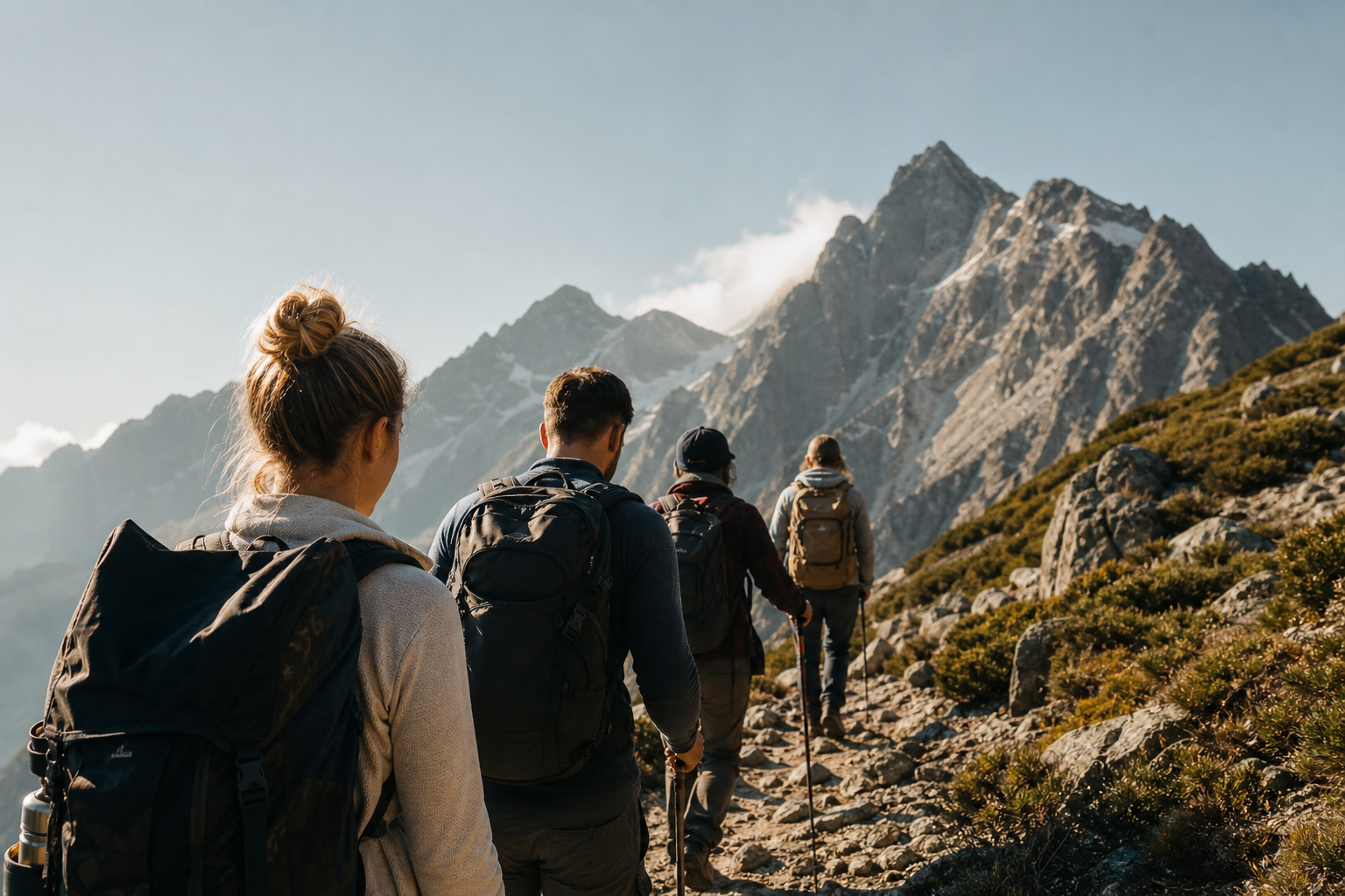 Small group of hikers trekking together toward a mountain summit, symbolizing building recovery capital as a community